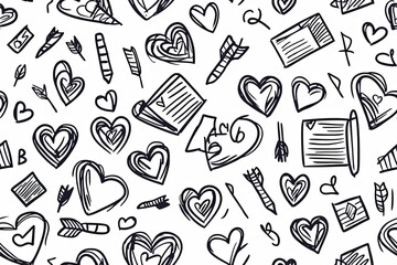 Naklejka premium Hearts, arrows, and love notes, simple doodle seamless pattern.