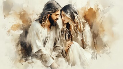 Jesus and Mary Magdalene in a moment of spiritual connection and understanding. Digital watercolor illustration