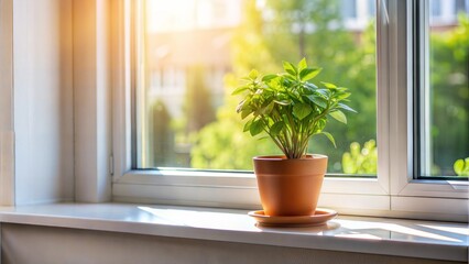 Green potted plant on a windowsill, basking in warm sunlight.