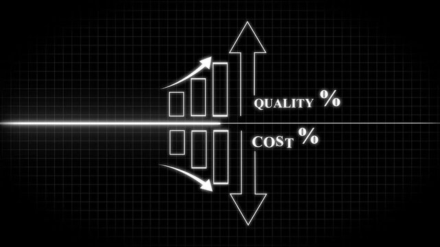 Cost reduce and high quality control concept. Businessman holding cost with down arrow and quality with up arrow for business with keywords isolated on white board background. 