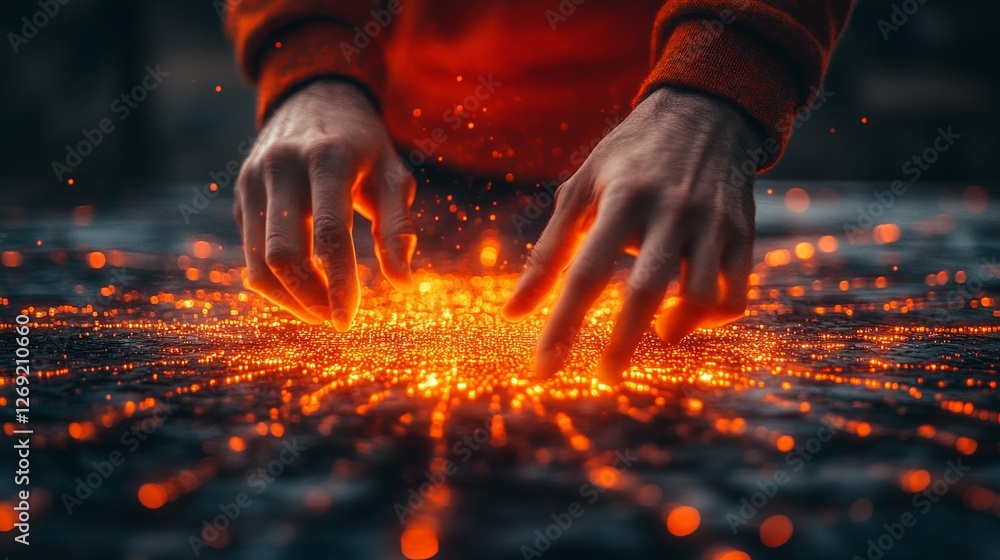 Poster hands manipulating glowing particles in a dramatic display of creativity and exploration