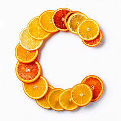 Citrus fruit slices form the letter C. Isolated on a white background.