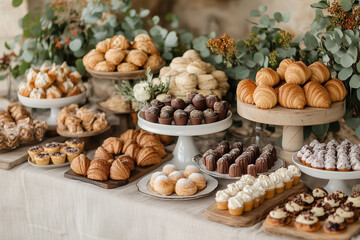 Elegant dessert display at a rustic event featuring assorted pastries and sweet treats in a natural setting