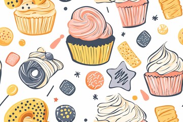 Cupcakes, cookies, and candies, cute seamless pattern in doodle style.