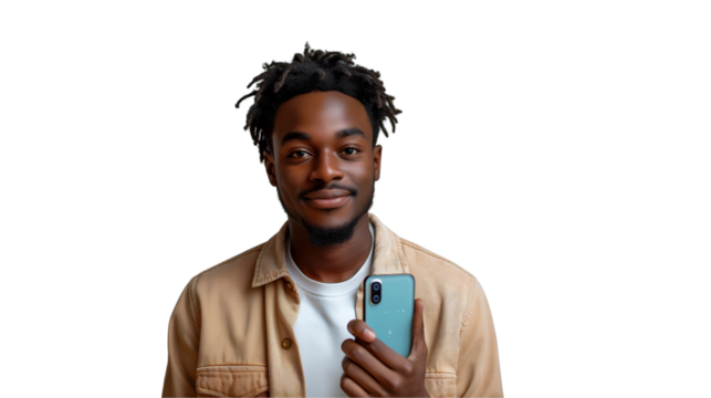 Young Man Holding Smartphone Casual Beige Jacket, Happy Modern Style for Lifestyle Displays, isolated on transparent background.