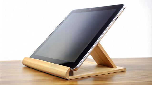 Stylish tablet on a modern wooden stand, showcasing a sleek design that enhances any workspace aesthetic. - Powered by Adobe