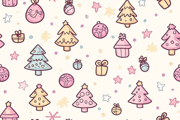 Christmas trees, ornaments, and gifts, simple festive seamless pattern.