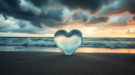 Fototapeta premium Translucent Heart on Sandy Beach Glows in Sunrise Light, Reflecting Romance and Serenity in Peaceful Ocean Setting with Warm Pink and Orange Sky.