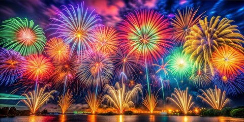 Vibrant fireworks display over a serene lake, showcasing a multitude of colors and patterns.