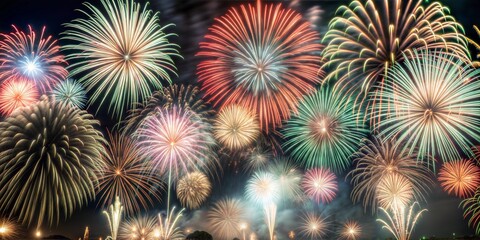 Fototapeta premium A vibrant display of multicolored fireworks lighting up the night sky, creating a festive atmosphere.