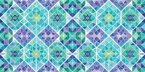 Intricate geometric pattern featuring various shades of blue and green in a diamond layout.
