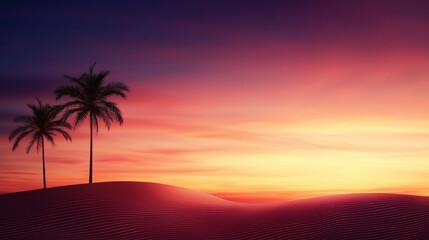 A tranquil sunset over sand dunes, featuring silhouetted palm trees, casting a serene atmosphere with vibrant hues of orange and purple in the sky.