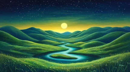 Obraz premium A serene celestial river winding through glowing hills and valleys under a radiant sky