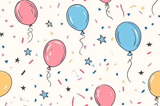 Balloons, stars, and confetti, hand-drawn party-themed seamless pattern.