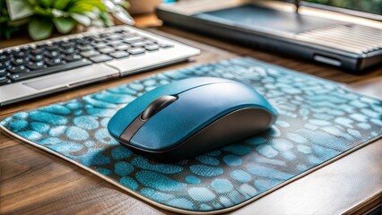 A sleek blue computer mouse rests on a stylish mouse pad, complemented by a modern keyboard and greenery in a cozy workspace.