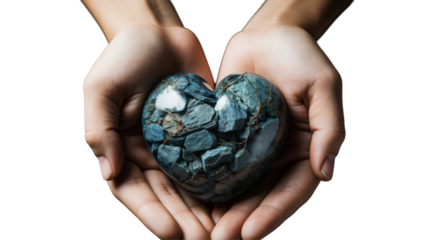 Blue Stone Heart Held in Hands, Deep Teal Gemstone for Love and Care Displays, isolated on transparent background.