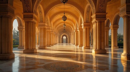A luxurious mosque porch in Bahrain with golden arches, intricate mosaics, and elegant lanterns, casting soft light onto stone floors.