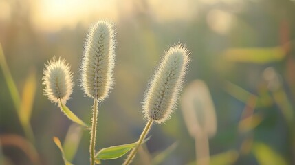 Obraz premium Three Fluffy Plants Bask In Golden Sunlight