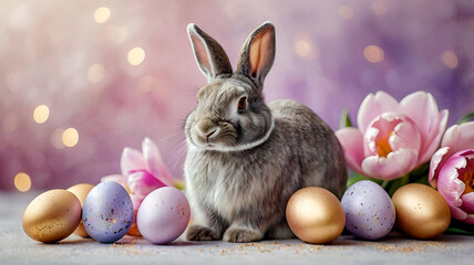 The concept of a bright Easter holiday. Delicate Easter eggs, a gray rabbit and tulip flowers on a...