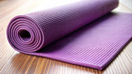 A vibrant purple yoga mat rolled out on wooden flooring, inviting relaxation and mindfulness.