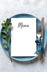 Elegant menu mockup on a blue plate with silver cutlery and eucalyptus sprig, for restaurant