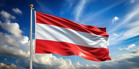 Austrian flag waving proudly against a bright blue sky with fluffy clouds.