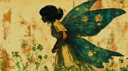 Fototapeta premium Fairy girl tending plants, weathered wall background, fantasy art