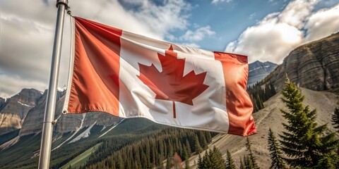 Fototapeta premium A vibrant Canadian flag waving against a breathtaking mountain backdrop, embodying the spirit of the nation.