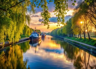 Spring Canal Meets River: Birch Trees, Cargo Ships at Dusk