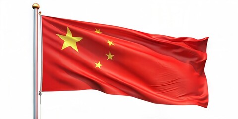 The Chinese flag waving gracefully in the wind, showcasing its vibrant red color and golden stars.