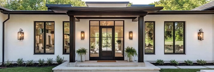 Modern Farmhouse Entrance With Black Accents And Large Windows