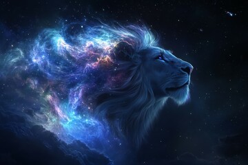 Celestial lion in cosmic majesty. AI generated