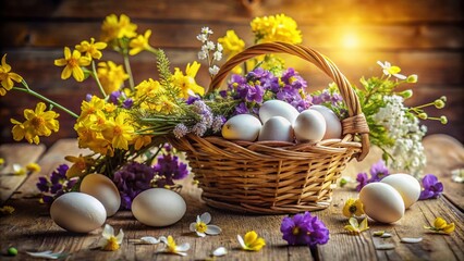 Obraz premium Spring Easter Basket: Purple, White & Yellow Flowers with Eggs