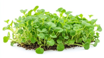 Obraz premium Fresh microgreens on soil, white background, healthy food