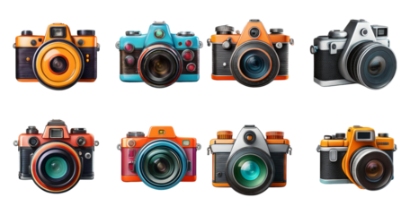 Colorful Collection of Vintage Cameras with Different Designs and Styles, isolated on transparent background
