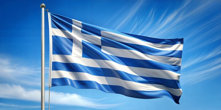 Waving Greek flag with blue sky backdrop, symbolizing national pride and heritage.