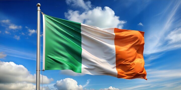 The vibrant Irish flag waving proudly against a bright blue sky with fluffy clouds.