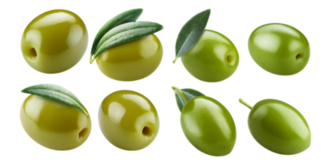 Fresh Green Olives with Leaves on Transparent Background