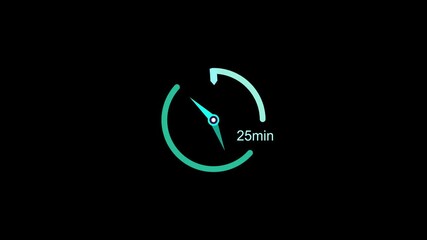 Abstract clock icon animation. Digital and analog clock 24 hours isolated on black background.25minute