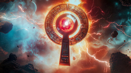 Celestial Astrolabe: Cosmic clockwork floating in an otherworldly space environment.