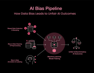 AI Bias Pipeline – Understanding How Data Bias Leads to Unfair AI Outcomes. Editable Stroke and Colors.