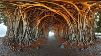 Banyan tree tunnel, coastal path, sunrise, tropical beach, nature scene