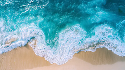 Obraz premium Top view of beach and waves with turquoise water background, showcasing a summer seascape from the air. Ideal for travel concepts.