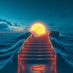 Stairs with red neon in the sea