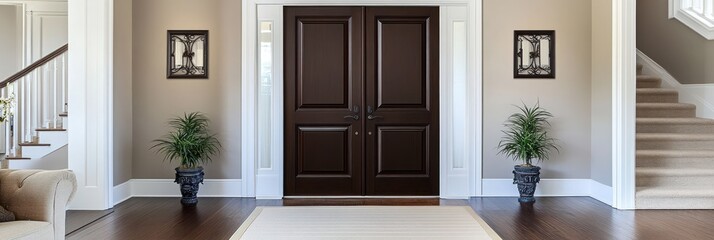 Elegant Home Entrance With Double Doors And Plants
