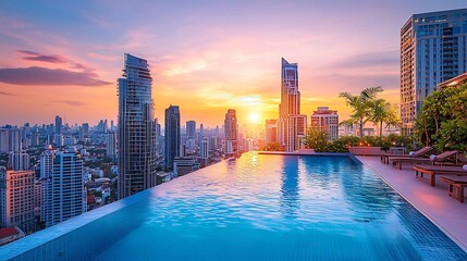 Naklejka premium Rooftop infinity pool sunset city view luxury resort