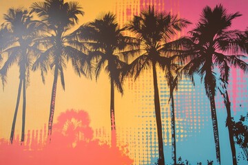 Palm tree silhouettes vibrant colorful abstract art.