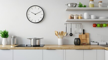 Wall clock in a kitchen with utensils