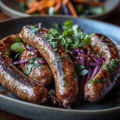 finely-crafted sausages served on a plate with fresh garnish, vividly displaying textures and colors
