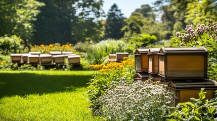 A scenic view of wooden beehives meticulously arranged in a flourishing lush green garden, highlighting the beauty of nature, pollination, sustainable beekeeping practices in an ecological environment